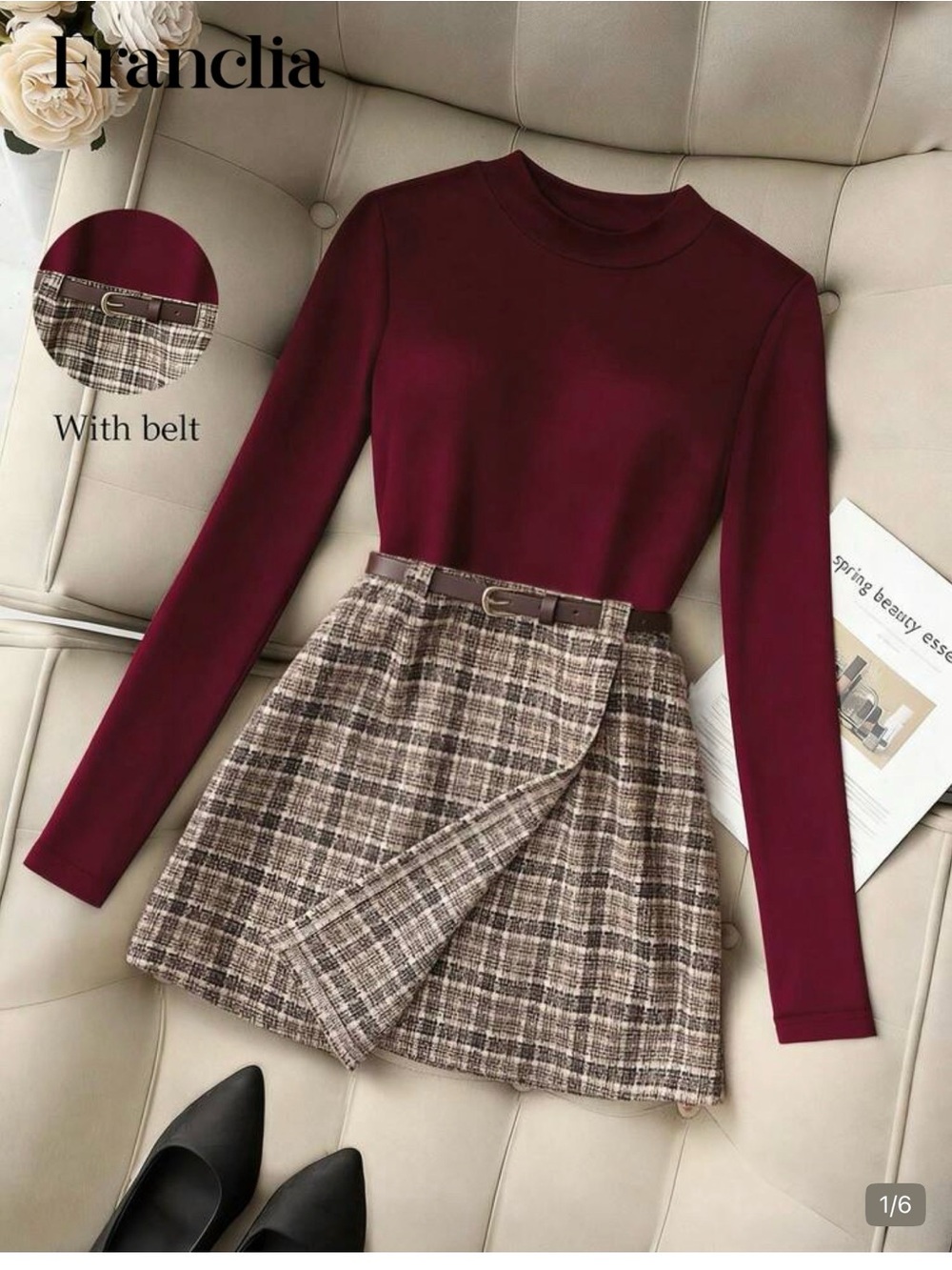 Women's Plaid Wrap Skirt with Belt in Brown
